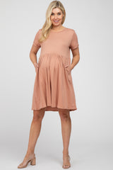 Mauve Cuffed Short Sleeve Babydoll Maternity Dress