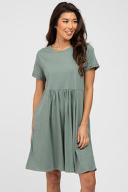 Light Olive Cuffed Short Sleeve Babydoll Dress