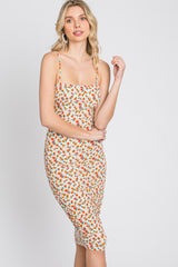 Ivory Floral Ribbed Fitted Dress