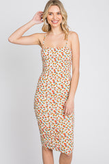 Ivory Floral Ribbed Fitted Dress