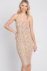 Ivory Floral Ribbed Fitted Dress