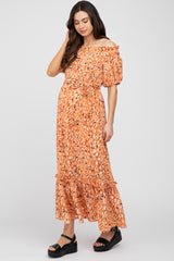 Salmon Printed Off Shoulder Ruffle Hem Maternity Maxi Dress