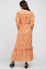 Salmon Printed Off Shoulder Ruffle Hem Maternity Maxi Dress