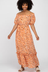 Salmon Printed Off Shoulder Ruffle Hem Maternity Maxi Dress