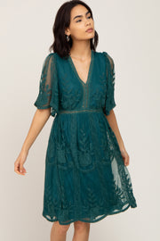 Forest Green Lace Mesh Overlay Dress