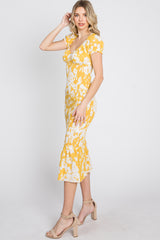 Yellow Floral Smocked Off Shoulder Fitted Dress