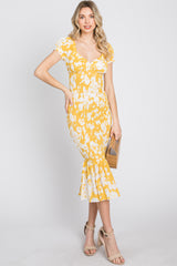 Yellow Floral Smocked Off Shoulder Fitted Dress