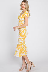 Yellow Floral Smocked Off Shoulder Fitted Dress