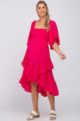 Fuchsia Smocked Asymmetric Tiered Maternity Midi Dress