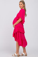 Fuchsia Smocked Asymmetric Tiered Maternity Midi Dress