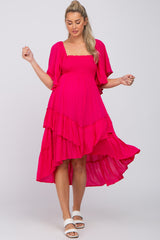 Fuchsia Smocked Asymmetric Tiered Maternity Midi Dress