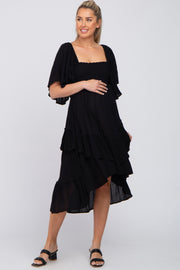 Black Smocked Asymmetric Tiered Maternity Midi Dress