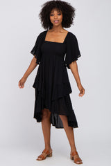 Black Smocked Asymmetric Tiered Maternity Midi Dress