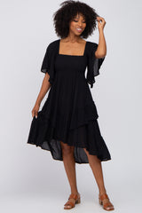 Black Smocked Asymmetric Tiered Midi Dress