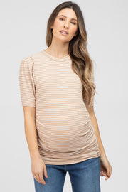 Taupe Striped Puff Sleeve Maternity Fitted Top