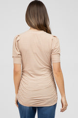 Taupe Striped Puff Sleeve Maternity Fitted Top