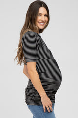 Black Striped Puff Sleeve Maternity Fitted Top