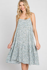 Light Blue Floral Straight Neck Tiered Dress