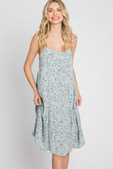 Light Blue Floral Straight Neck Tiered Dress