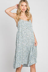 Light Blue Floral Straight Neck Tiered Dress