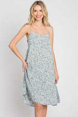 Light Blue Floral Straight Neck Tiered Dress