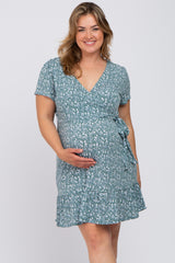 Teal Floral Wrap Front Tie Ruffle Hem Maternity Plus Dress