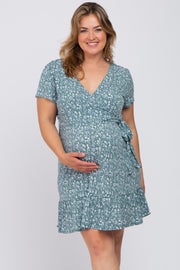 Teal Floral Wrap Front Tie Ruffle Hem Maternity Plus Dress