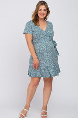 Teal Floral Wrap Front Tie Ruffle Hem Maternity Plus Dress