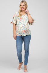 White Floral Ruffle Sleeve Maternity Blouse