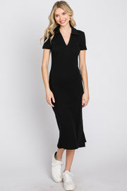 Black Collared Ribbed Midi Dress