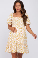 Yellow Leaf Print Smocked Maternity Dress