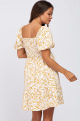 Yellow Leaf Print Smocked Maternity Dress