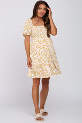 Yellow Leaf Print Smocked Maternity Dress