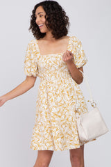 Yellow Leaf Print Smocked Maternity Dress