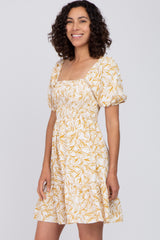 Yellow Leaf Print Smocked Dress