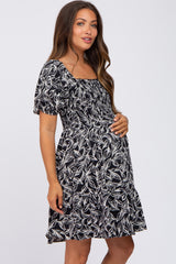 Black Leaf Print Smocked Maternity Dress