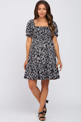 Black Leaf Print Smocked Maternity Dress