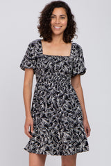 Black Leaf Print Smocked Maternity Dress