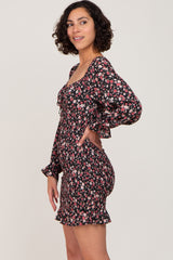 Black Floral Sweetheart Neck Smocked Long Sleeve Dress