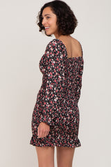 Black Floral Sweetheart Neck Smocked Long Sleeve Dress