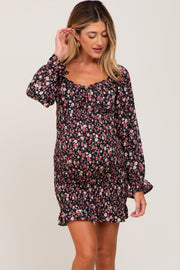 Black Floral Sweetheart Neck Smocked Long Sleeve Maternity Dress