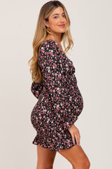 Black Floral Sweetheart Neck Smocked Long Sleeve Maternity Dress