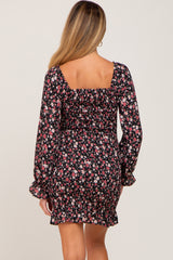 Black Floral Sweetheart Neck Smocked Long Sleeve Maternity Dress