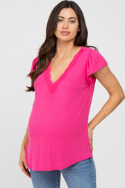 Fuchsia Lace Trim Maternity Short Sleeve Top