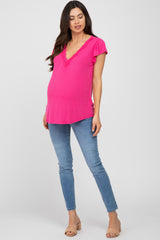 Fuchsia Lace Trim Maternity Short Sleeve Top