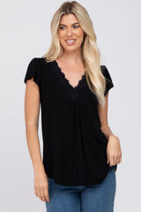 Black Lace Trim Short Sleeve Top