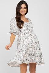 Ivory Printed Puff Sleeve Maternity Tiered Dress