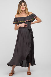 Charcoal Floral Embroidered Off Shoulder Maternity Dress