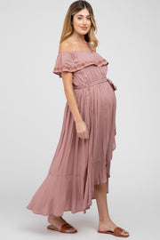 Mauve Floral Embroidered Off Shoulder Maternity Dress