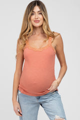 Rust Lace Accent Ribbed Maternity Tank Top